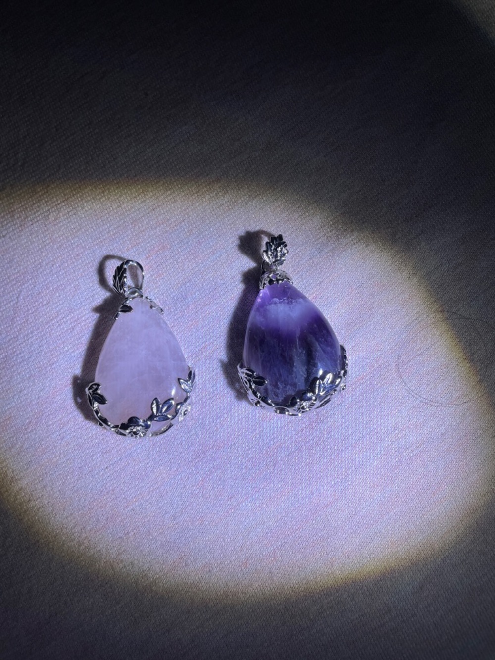 Silver Floral Teardrop Quartz Pendants - Pink and Purple set.